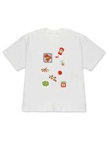 [Alta calidad]Camiseta de manga corta con hombros caídos, ropa de mujer, camiseta con estampado de tomates de temática alimentaria, estilo minimalista, corte holgado con hombros caídos, top de estilo dulce para uso diario en verano. - Blanco - Ver 7