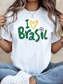 Tema de Fútbol Brasileño Informal, Aficionados Brasileños. Amo a Brasil. Diseño en colores amarillo y verde, camiseta de mujer estampada con patrones, moderna y casual, de cuello redondo, para primavera y verano, adecuada para uso diario, compras, fiestas, desplazamientos, versátil. Camiseta de manga corta con cuello redondo  BASICS. - Negro - Ver 6