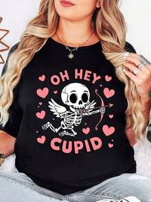 Loose 1 Piece Casual T-Shirt For Women Valentine's Day Cupid Skeleton With Arrow And Hearts Cute Romantic Print For Valentine's Day, Date Night Or Holiday Outings G 100% Soft Cotton Basic Crew Neck Cotton T-Shirt For Women - 黑色 - 查看 11