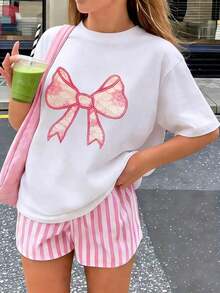 1 Piece Short Sleeve T-Shirt With Faux Lace Bow Print For Teenage Girls, Casual Youth Clothing For Students, Summer Top For Girls Ready To Play, Women's T-Shirt. - 白色 - 查看 6