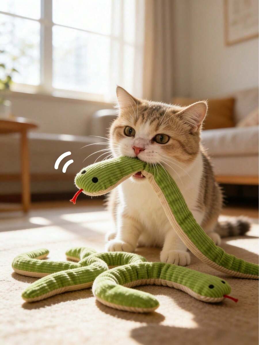 2 piezas Juguetes para gatos en forma de serpiente, de material de lino suave con varilla con cascabel, juguete de serpiente de peluche de 13 pulgadas que produce un sonido realista de crujido, juguetes interactivos de caza adecuados para gatos y perros pequeños, para uso en interiores - Multicolor - Ver 1