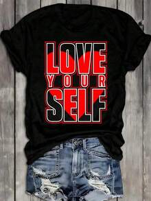 Camiseta de Mujer "Love Yourself" 180GSM 100% Algodón - Camiseta Casual de Manga Corta con Cuello Redondo, Afirmación Positiva de Autoestima, Ropa Casual Negra y Regalo para Navidad/Halloween - Negro - Ver 6