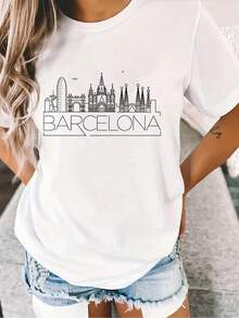 Camiseta casual de manga corta y cuello redondo con diseño estampado, de corte regular, perfecta para el verano y la primavera, diseñada para mujeres como un atuendo diario informal para el verano. - Blanco - Ver 1