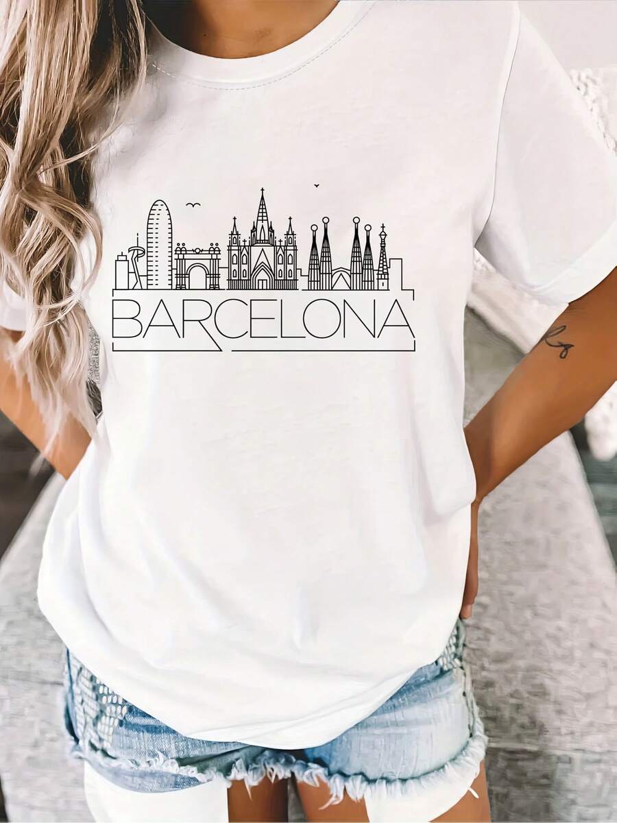 Camiseta casual de manga corta y cuello redondo con diseño estampado, de corte regular, perfecta para el verano y la primavera, diseñada para mujeres como un atuendo diario informal para el verano. - Blanco - Ver 1