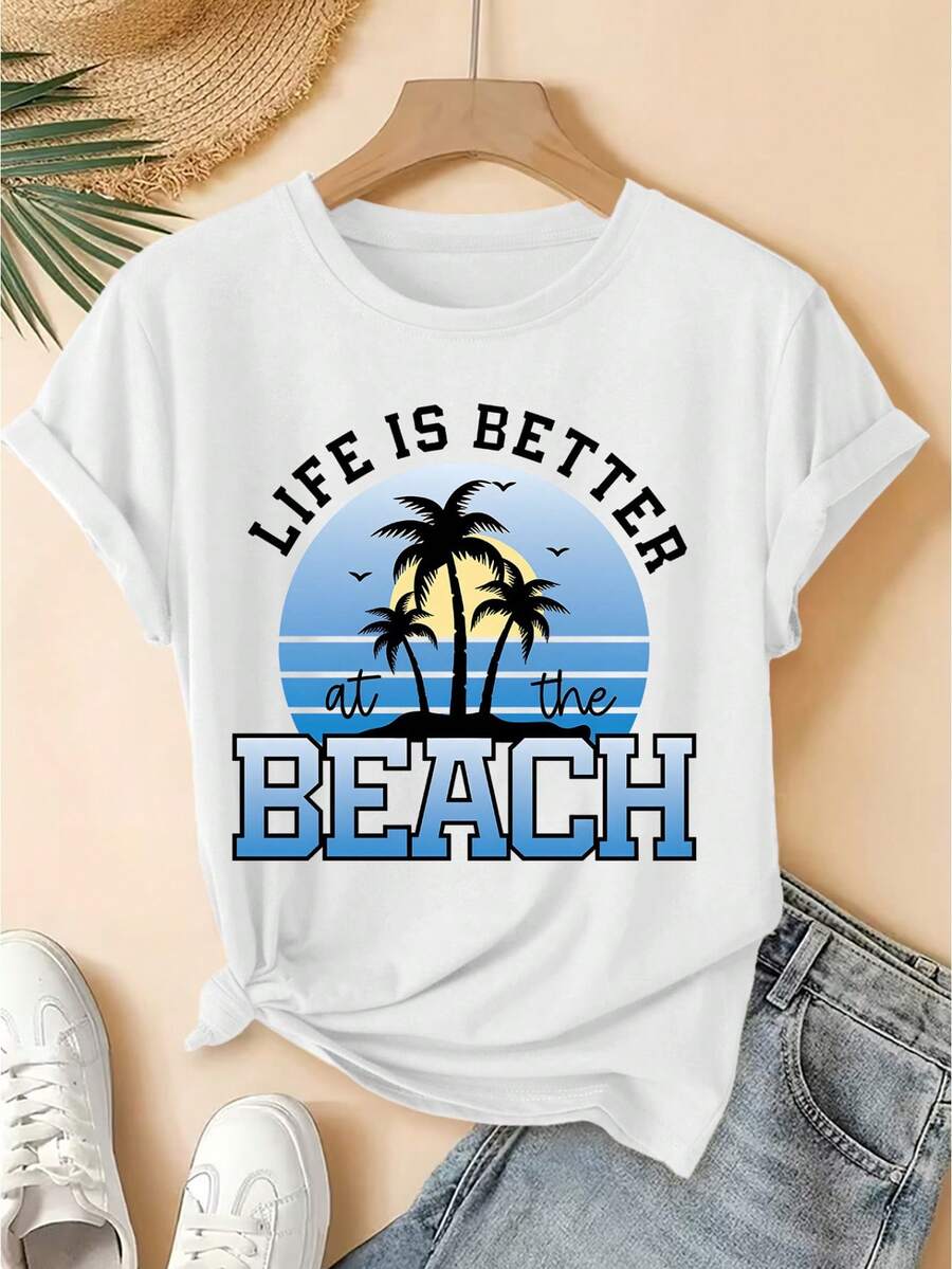 Camiseta de manga corta con estampado inglés de puesta de sol y cocotero en la playa, cuello redondo vintage, estilo bosque fresco, corte holgado, Primavera Verano 2026, elegante para fiestas, versátil para el día a día, ropa de mujer. - Blanco - Ver 1