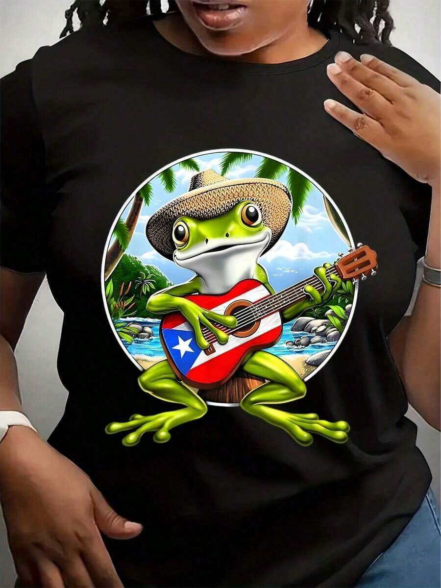 Camiseta de Mujer con Diseño de Rana con Guitarra y Bandera de Puerto Rico, Camiseta Gráfica para Amantes de la Música, Estilo Vacaciones en la Playa, Ropa Casual Cómoda - Negro - Ver 1