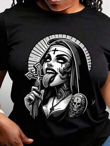 Women's Gothic T-Shirt - Rebel Nun Graphic Tee With Skulls And Bones, Soft And Breathable, Casual Top For All Seasons, Bold Religious Icon Outfit For Gothic Clothing, Fashion Gift For Her - 黑色 - 查看 6