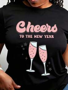 Camiseta de Mujer con Estampado de Copas de Champán Rosadas y Estrellas, Estilo Casual, Cuello Redondo, Manga Corta, Perfecta como Regalo de Cumpleaños, Adecuada para Usar en Todas las Temporadas, Ideal para el Uso Diario al Aire Libre. - Negro - Ver 6
