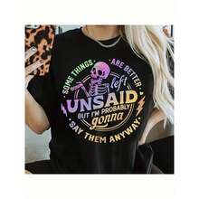 Camiseta de algodón de manga corta con estampado casual de esqueleto y la frase "Unsaid But I'm Probably Gonna Them Anyway", negra con letras coloridas, lavable a máquina, cuello redondo, ajuste cómodo para todas las estaciones, camiseta con diseño divertido.|   Cuidado Fácil - Negro - Ver 1