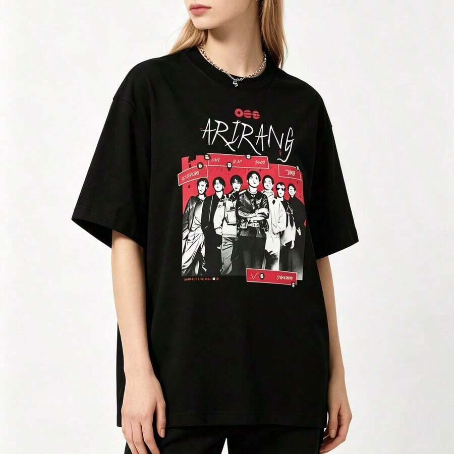 Camiseta Gráfica Minimalista con Símbolo de la Cultura Coreana Arirang, Unisex, Estilo K-Pop, Streetwear Casual de Manga Corta, playeras de mujer - Negro 5 - Ver 1
