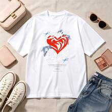Retro Heart Print, 100% Cotton, Oversized Soft Breathable, Casual Crewneck, Short Sleeve Top, Streetwear Summer Vibes, Romantic Aesthetic - Blanco - Ver 1