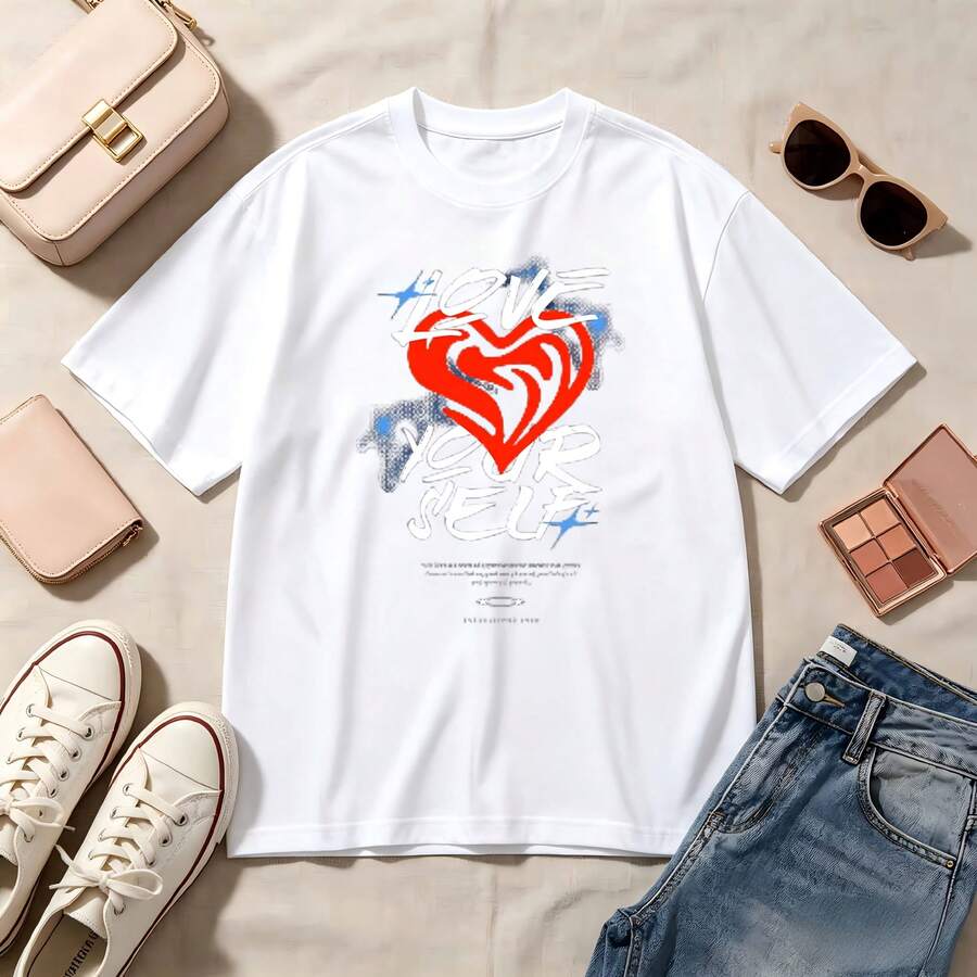 Retro Heart Print, 100% Cotton, Oversized Soft Breathable, Casual Crewneck, Short Sleeve Top, Streetwear Summer Vibes, Romantic Aesthetic - Blanco - Ver 1