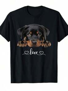 Camiseta gráfica con diseño de cachorro Rottweiler adorable, negra con huellas de pata marrones, suave, informal para uso diario, para mujeres y hombres, ropa para amantes de mascotas, camiseta cómoda para perros, ropa urbana, moda Ayful Dign, tela cómoda, camiseta de manga corta, ropa urbana para entusiastas, material transpirable, camiseta de cuello redondo, para amantes de la moda. - Negro - Ver 6