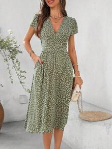 Reflora Vestido midi con estampado floral diminuto, de manga corta, cuello en V y cintura ceñida, con bolsillos, para uso casual diario, tallas grandes para mujeres - Verde - Ver 4