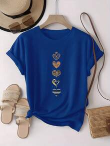 T-Shirt With An Artistic Heart Print Featuring Multiple Designs. Modern And Breathable, Suitable For Family Trips, College Activities, Casual Sports, Daily Commutes, Matching Sister Outfits-A Versatile Tee. E89T - 藍色 - 查看 4
