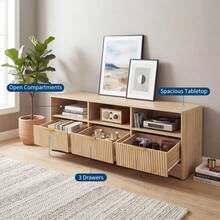 Home TV Stand For 65 Inch TV, Modern Mid Century 59 In Entertainment Center With Storage, Media Console Table 3 Cabinet, Handle Door, Wooden Living Room, Office Furniture - Natural Oak - View 5