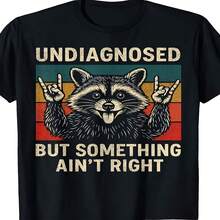 Camiseta exclusiva para el Día de la Independencia/Día del Padre con estampado de mapache negro: dise?o retro de cara de mapache y rayas, camiseta de cuello redondo de algodón puro y suave, camisa casual de estilo urbano, adecuada para amantes del humor y fashionistas vanguardistas, adecuada para todo el a?o, tallas grandes. - Negro - Ver 1