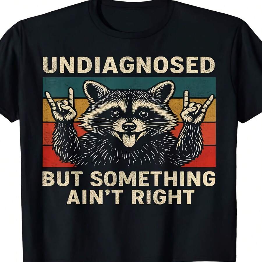 Camiseta exclusiva para el Día de la Independencia/Día del Padre con estampado de mapache negro: dise?o retro de cara de mapache y rayas, camiseta de cuello redondo de algodón puro y suave, camisa casual de estilo urbano, adecuada para amantes del humor y fashionistas vanguardistas, adecuada para todo el a?o, tallas grandes. - Negro - Ver 1