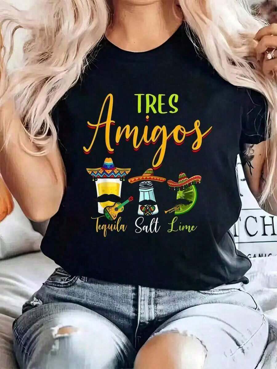 Camiseta Casual de Verano para Mujer 100%AlgodónTresAmigosTequilaSalLimaCincoDeMayoCamisetaImprimirTripulaciónCuelloCamisetaParaVerano,MujeresSuaveCortoMangaSuperior,EleganteCómodoTeeParaMujeresGráficoTeesGraphicCamiseta, GráficaCamisetasMujeresTops, VeranoCamiseta, CasualCamiseta, VacacionesConjuntos de ropaMujeres, AJovenYA la modaDiseño - Negro - Ver 1