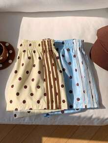 2 piezas Shorts casuales de estilo callejero para mujer con contraste de color en la cinta, shorts de lunares, verano - Multicolor 6 - Ver 4
