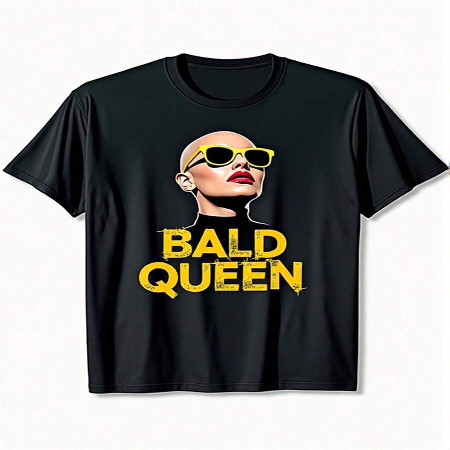 Camiseta exclusiva para el Día de la Independencia/Día del Padre con estampado de la Reina Calva: camiseta negra con llamativas letras amarillas de "reina calva" y un elegante dise?o de rostro con gafas. Colores resistentes, resistente a las arrugas, ligera, transpirable, cuello redondo, estilo retro, corte regular, perfecta para adultos. - Negro - Ver 1