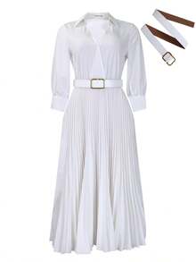Women Midi Dresses - White + Belt - View 3