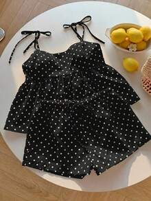 Conjunto de 2 piezas de camiseta de tirantes y pantalones cortos con estampado de lunares para vacaciones de mujer - Negro - Ver 3
