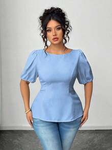 Blusa casual de manga corta con lazo y espalda abierta, unicolor, para mujer talla grande, verano - Celeste - Ver 3