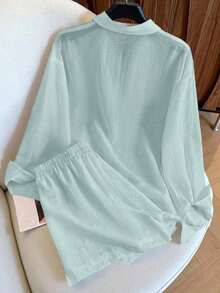 Conjunto de camisa de manga larga a rayas de un solo pecho y pantalones cortos versátiles de estilo vintage casual - verde menta - Ver 2