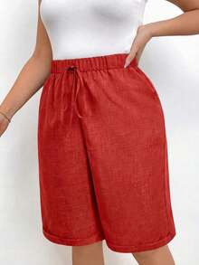Women's Plus Size Linen Loose Fit Shorts, Solid Color, With Pocket And Drawstring Waist, Wide Leg Shorts, Modest Shorts For Vacation And Summer, Black - 橘色 - 查看 8