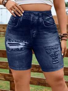 Leggings cortos de efecto vaquero digital de talla grande - Azul marino - Ver 1