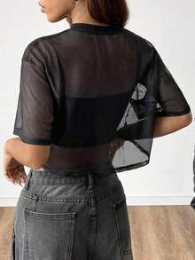 Top de malla negra de manga corta para mujer - Negro 2 - Ver 2