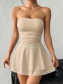 Vestido mini sexy sin tirantes con estampado de leopardo y dobladillo de volantes de doble capa - Caqui - Ver 3