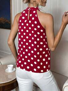 Blusa con estampado de lunares de cuello con cordón - Rojo - Ver 2