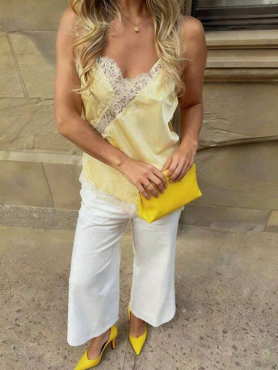 Camiseta de mujer elegante, de estilo minimalista, lujosa y retro, con diseño de encaje cruzado, satén brillante, de estilo casual y romántico para primavera/verano, de color amarillo, suelta y cómoda para uso diario - Amarillo - Ver 1