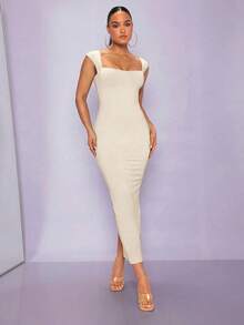 Vestido ajustado unicolor de cuello cuadrado - Beis - Ver 1