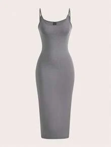 BASICS Vestido casual de cena y citas de unicolor con tirantes de espagueti y silueta ajustada - Gris - Ver 1