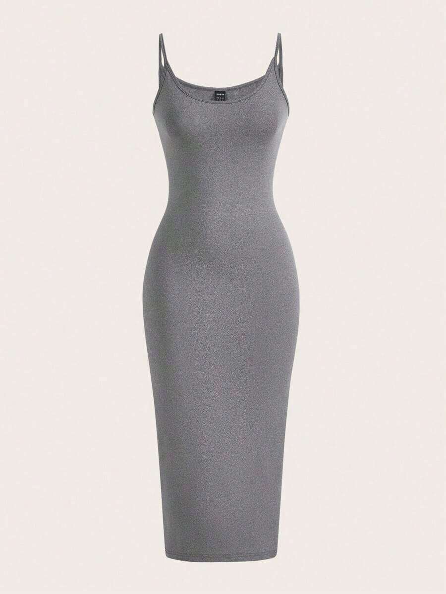 BASICS Vestido casual de cena y citas de unicolor con tirantes de espagueti y silueta ajustada - Gris - Ver 1