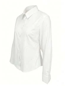 Camisa de manga larga de unicolor para mujer, con diseño de cuello para mostrar un aspecto profesional y capaz, hecha de tela cómoda.Negro primaveral - Blanco - Ver 4