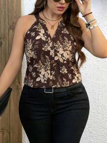 Blusa de hombros descubiertos elegante con estampado floral all-over para tallas grandes en verano - Café integral - Ver 5