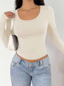 Camiseta básica de manga larga y cuello redondo negro ajustada para mujer, perfecta para el verano - Albaricoque - Ver 1