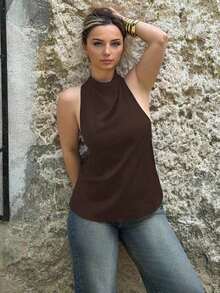 Blusa negra ajustada de estilo casual y elegante para la temporada de primavera/verano, con cuello asimétrico, sin mangas, escote halter, espalda descubierta y decoración de lazo - Marrón Chocolate - Ver 1