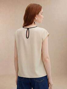 Blusa de mujer de cuello redondo y mangas cortas tipo murciélago, estilo básico urbano y de viaje, moda sencilla y elegante para uso casual en la oficina, adecuada para maestras y oficinistas, otoño - Albaricoque 2 - Ver 3