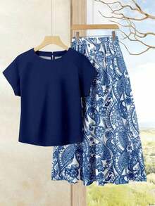 Set de 2 piezas Blusa de unicolor + Falda estampada con flores moradas de estilo casual de vacaciones para mujer, Conjunto de verano para mujer, Conjunto de falda y blusa, Conjunto de falda y blusa para mujer, Conjunto de falda estampada de pri - Multicolor - Ver 5