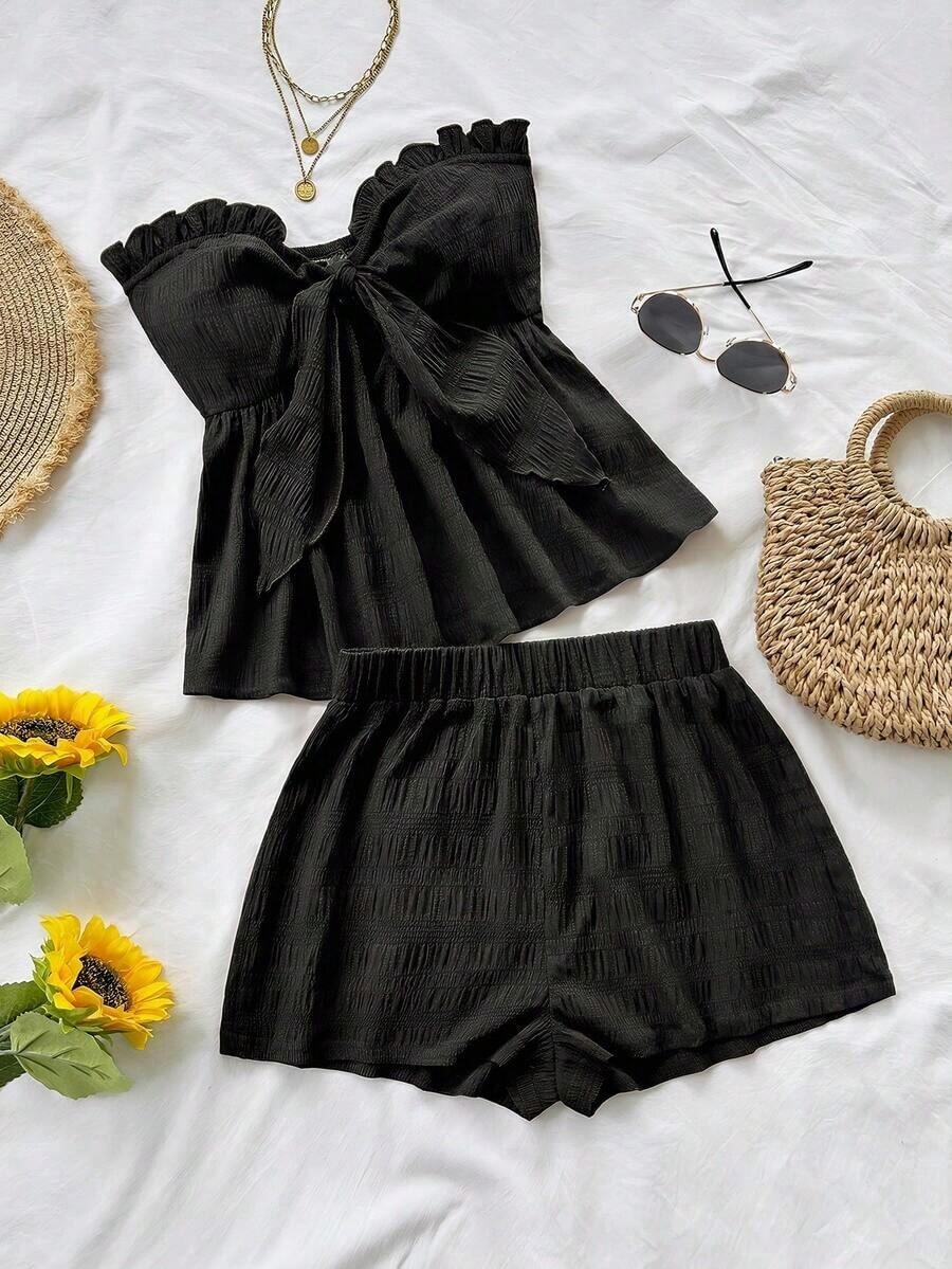 Set de 2 piezas para mujer con parte superior corta sin mangas con volantes y estampado de rayas y flores, y shorts casuales para verano, vacaciones en la playa y fiestas - Negro - Ver 1