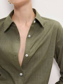2026 Nueva Camisa Básica Versátil y Elegante para Mujer con Botones Delanteros y Cuello Mao en Color Azul Claro, Adecuada para Ir al Trabajo, Uso Diario, Estilo Retro de los 90, Navidad, Año Nuevo, Fiesta de San Valentín, Playa, Graduación, Moda, - verde militar 2 - Ver 6
