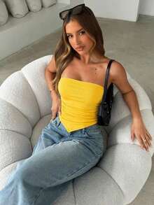 sin tirantes con bajo asimétrico, top casual de mujer con corte asimétrico, top blanco liso sin tirantes con fruncido de ajuste ceñido para mujer, apto para primavera/verano, uso diario casual - Amarillo - Ver 6