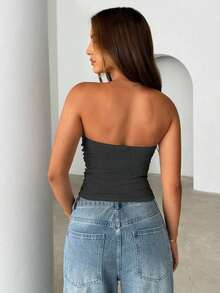 sin tirantes con bajo asimétrico, top casual de mujer con corte asimétrico, top blanco liso sin tirantes con fruncido de ajuste ceñido para mujer, apto para primavera/verano, uso diario casual - Gris Oscuro - Ver 2