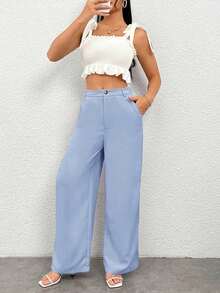 Pantalones holgados y casuales de pierna ancha con bolsillo, unicolor para mujeres - Celeste - Ver 7