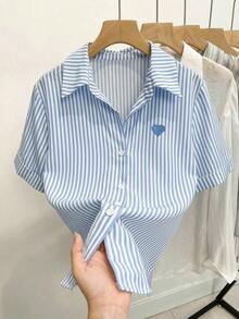de mujer con estampado de rayas todo sobre, de un solo pecho, casual y versátil para uso diario - Azul y blanco - Ver 7